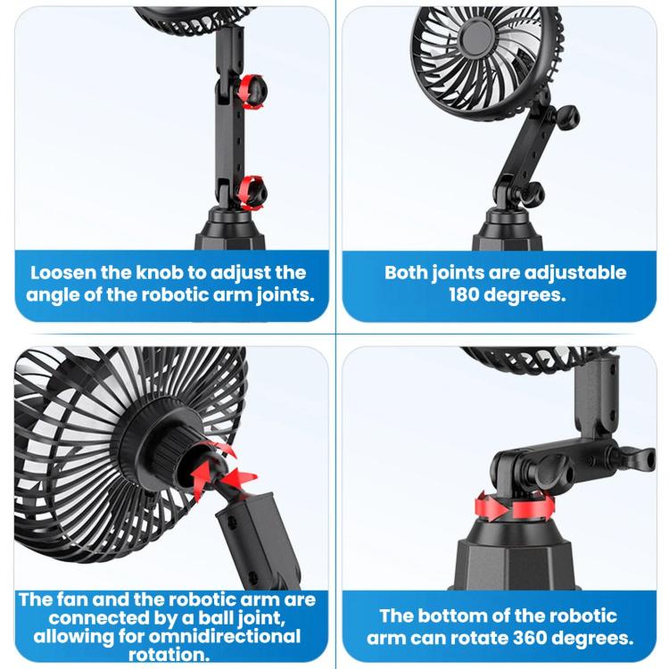 Car fan with dual adjustable joints and 360-degree rotating robotic arm