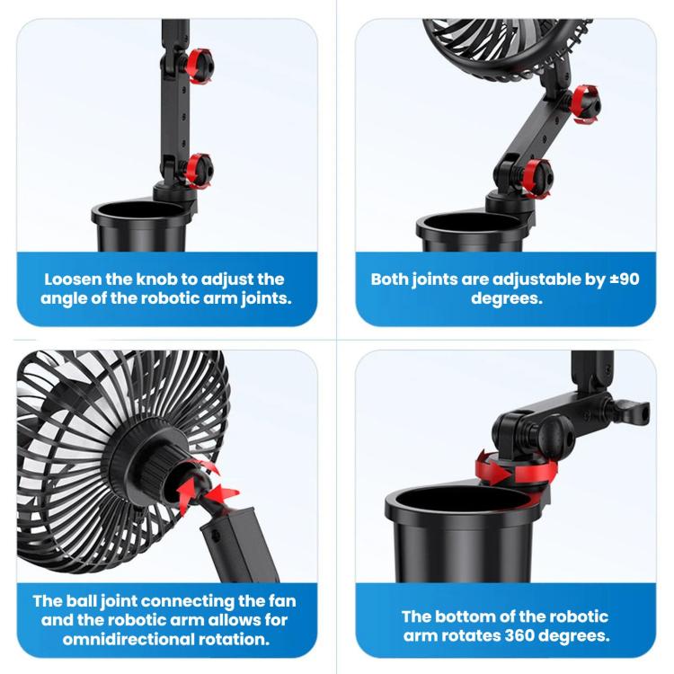 SHUNWEI robotic arm car cup holder fan with adjustable joints and 360-degree rotation