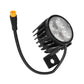 Electric scooter LED headlight with round reflector lens, black heat fins, and power cable