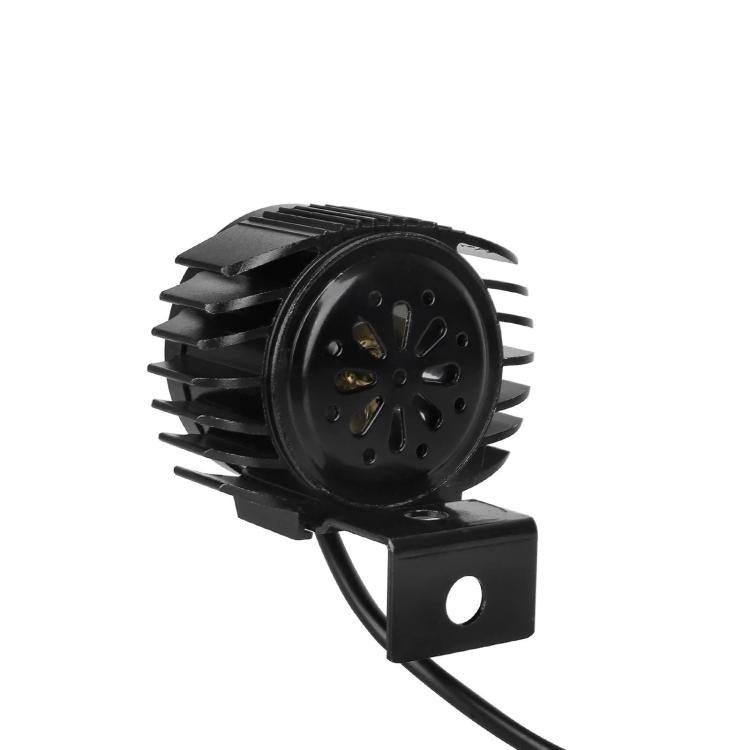 Electric scooter LED headlight with round rear socket, black fins, and mounting plate