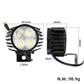 Electric scooter LED headlight with round LED lens, black fins, and attached cable
