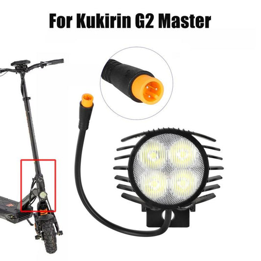 Electric scooter LED headlight with round lens, black heatsink fins, and mounting bracket