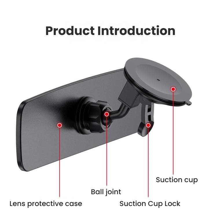 Wide-angle reversing mirror showing suction cup lock, ball joint, and lens cover