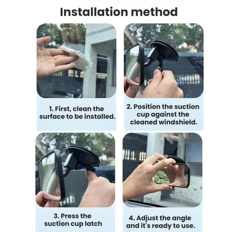 Wide-angle reversing mirror suction-cup mount with latch for windshield attachment