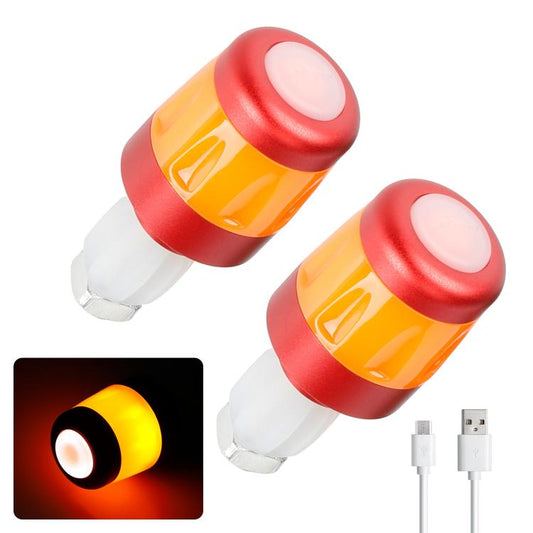 Red and orange bike handlebar end LED light with black rubber housing and clear lens