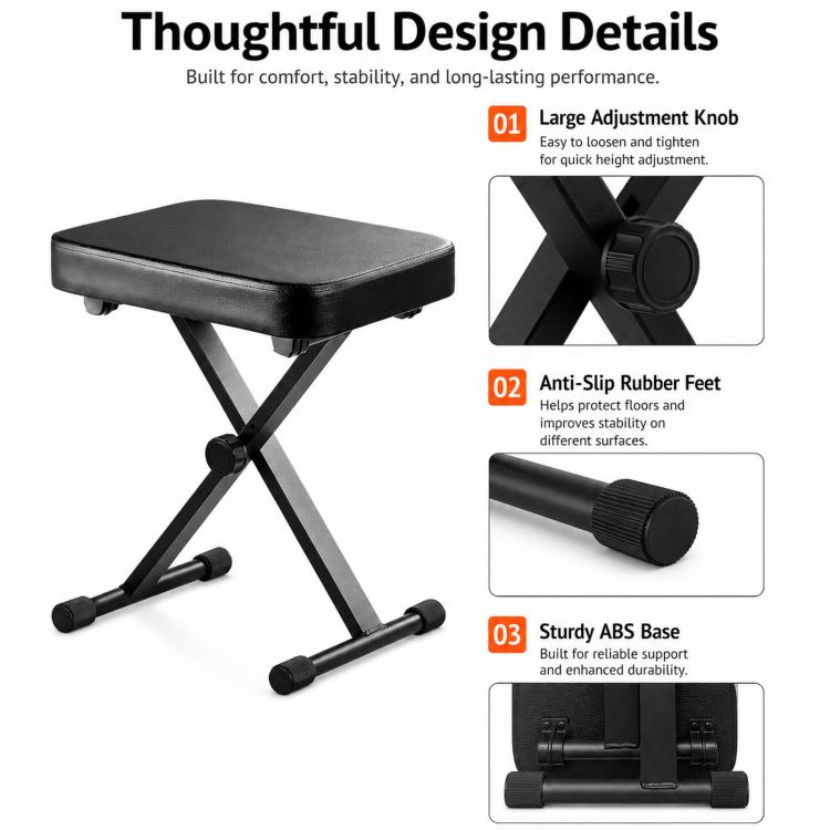 Black adjustable piano stool with large height knob and non-slip rubber feet