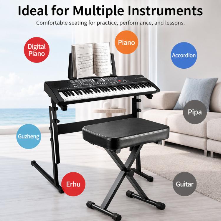 Black height-adjustable piano stool with padded seat and X-shaped stand
