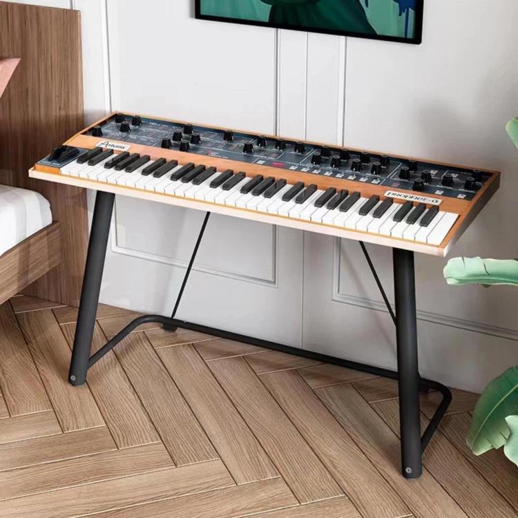 Black metal electronic piano stand with U-shaped base and angled supports