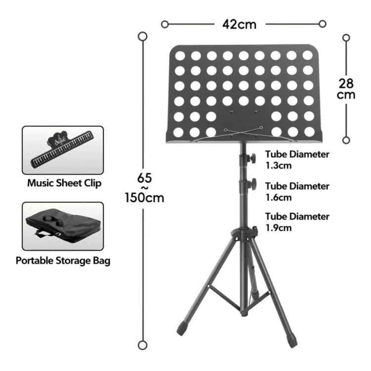 Black adjustable sheet music stand with perforated tray, tripod legs, storage bag