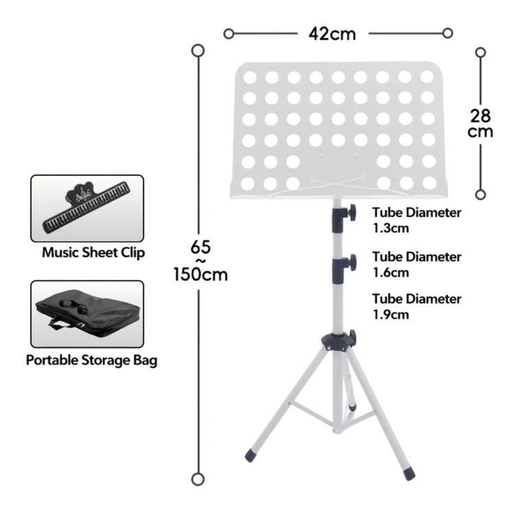 White adjustable sheet music stand with perforated tray, tripod legs, storage bag