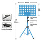 Blue adjustable sheet music stand with perforated tray, tripod legs, storage bag