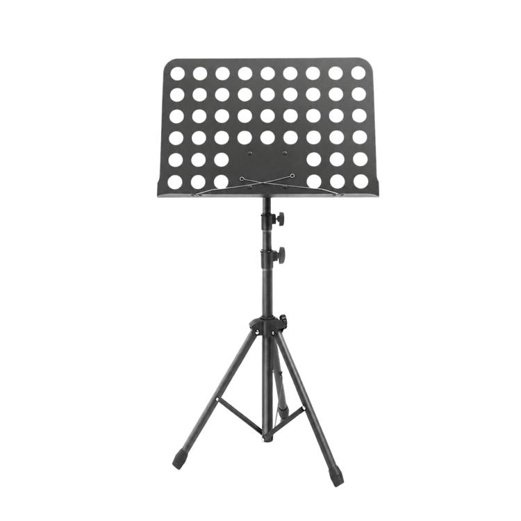 Black sheet music stand with perforated music tray and tripod base