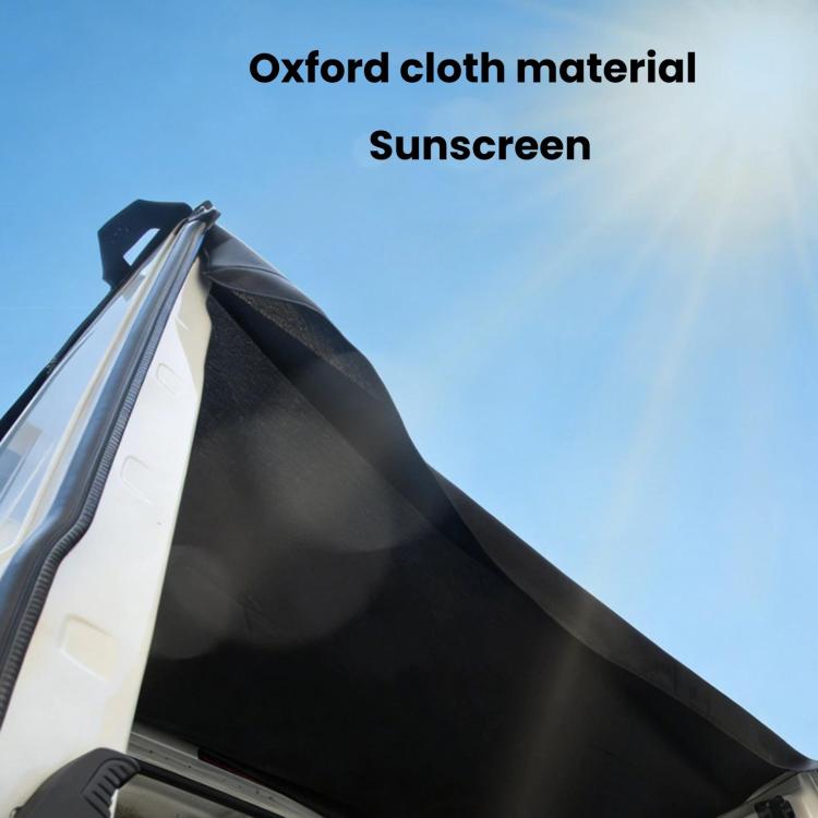Black oxford cloth rear door sun shade panel with reinforced edge and stitched border