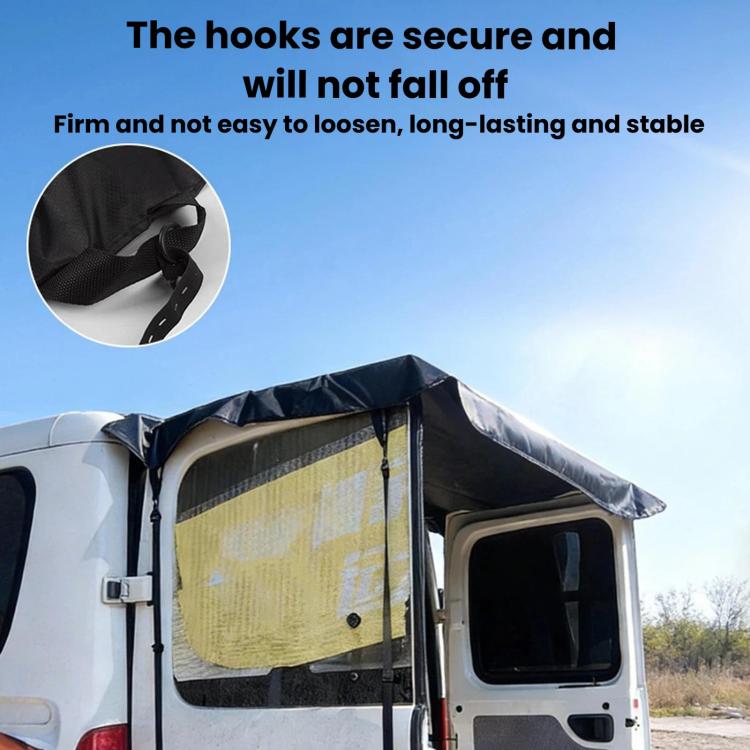 Rear door sun shade cover with secure hooks fastened at corners, black oxford fabric