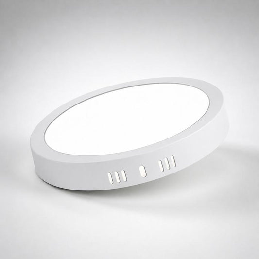 Round white flush-mount LED ceiling panel light with 3 side vent slots