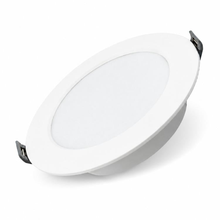 White round recessed LED panel downlight, angled view with black mounting tabs