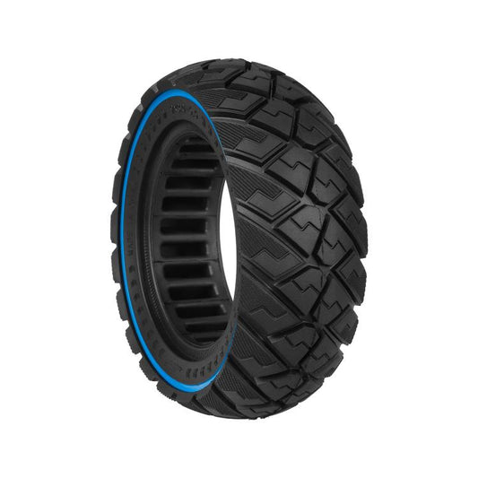 Black solid scooter tire with blue sidewall stripe and blocky diamond tread.