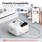 White compact label printer connected by USB cable with mobile label design preview