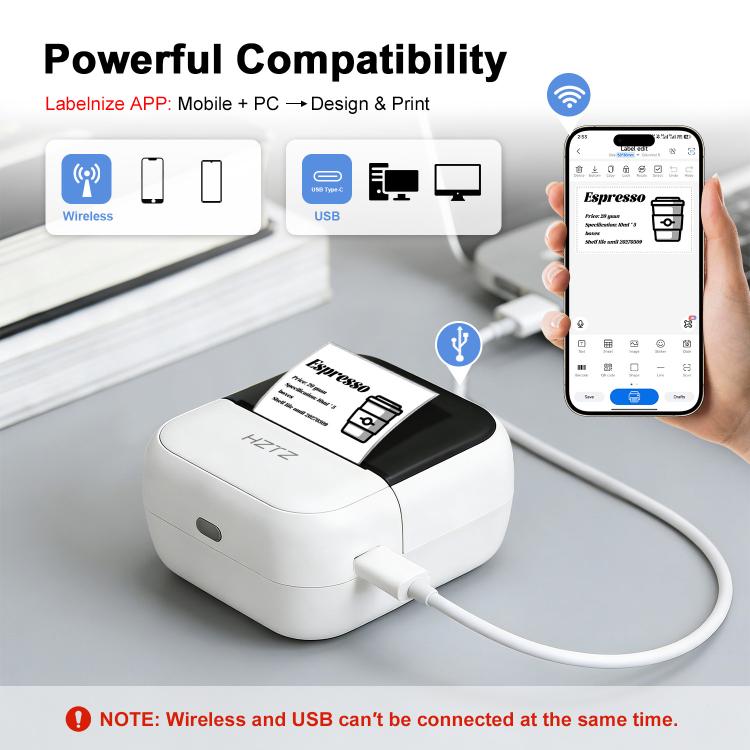 White compact label printer connected by USB cable with mobile label design preview