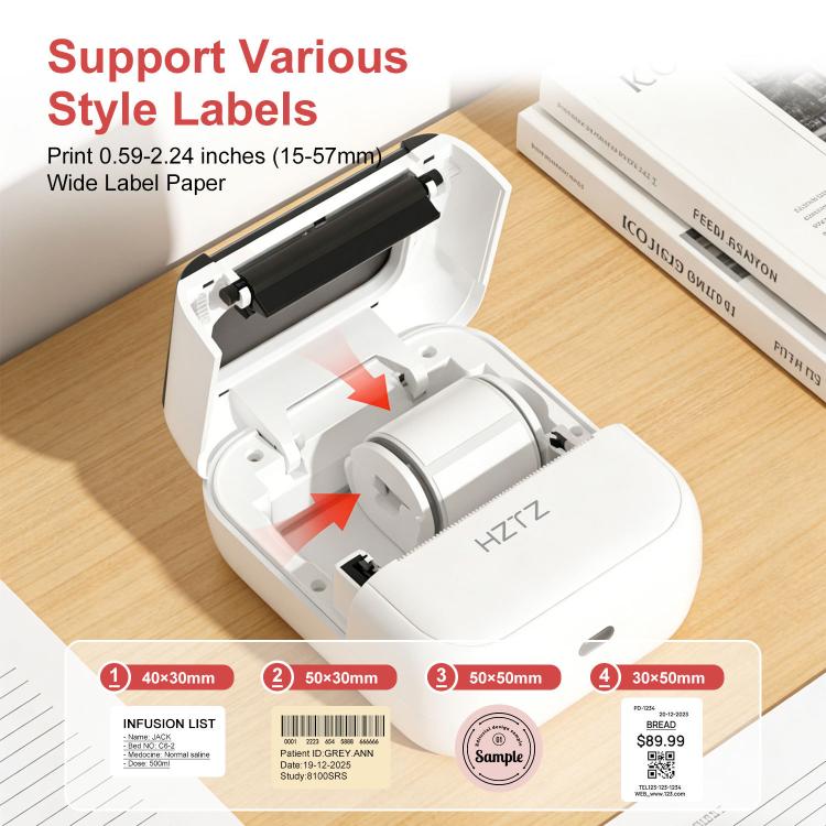Thermal label printer open showing inner cutter and label roll placement