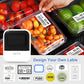 Portable inkless label printer beside clear produce containers with barcode labels