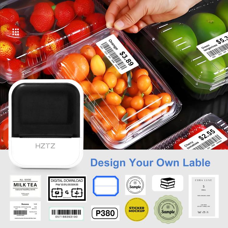 Portable inkless label printer beside clear produce containers with barcode labels