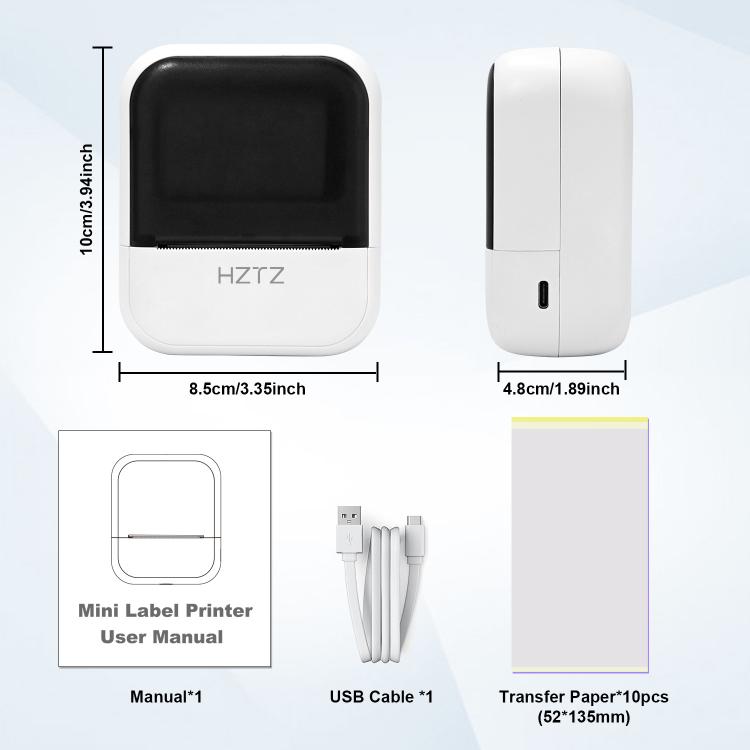Compact mini label printer with dimensions and included cable, manual, and transfer paper