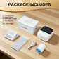 Label maker package contents with printer, USB cable, label sheets, and accessories on table