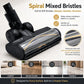 Motorized floor brush head with spiral mixed bristle roller and clear dust chamber