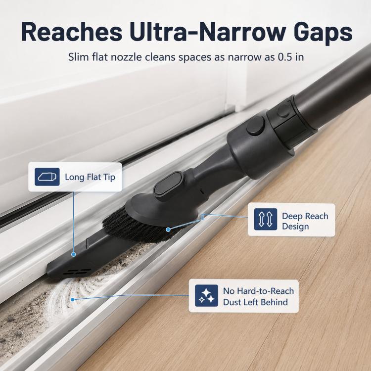 Slim flat nozzle for narrow gaps, brush tip and deep-reach joint, black vacuum tool