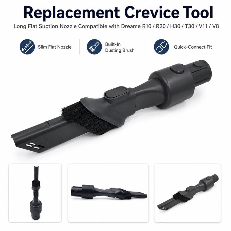 Replacement flat suction crevice tool with attached brush, black quick-connect nozzle