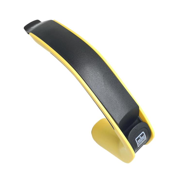 Yellow replacement vacuum cleaner handle for Karcher VC3, close-up of black label end