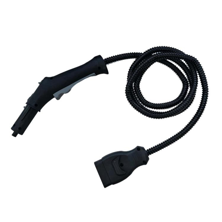 Steam cleaner control handle hose with black coiled hose and gray handle grip