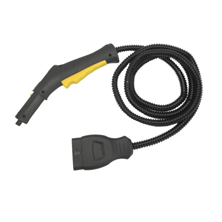 Steam cleaner control handle hose with yellow grip and black coiled hose