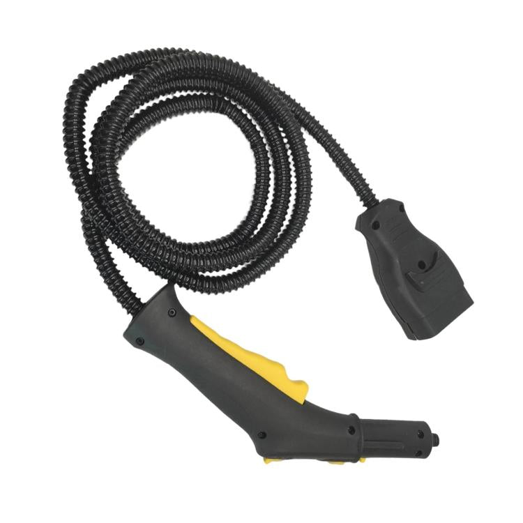 Steam cleaner control handle hose, black coiled hose with yellow accent handle