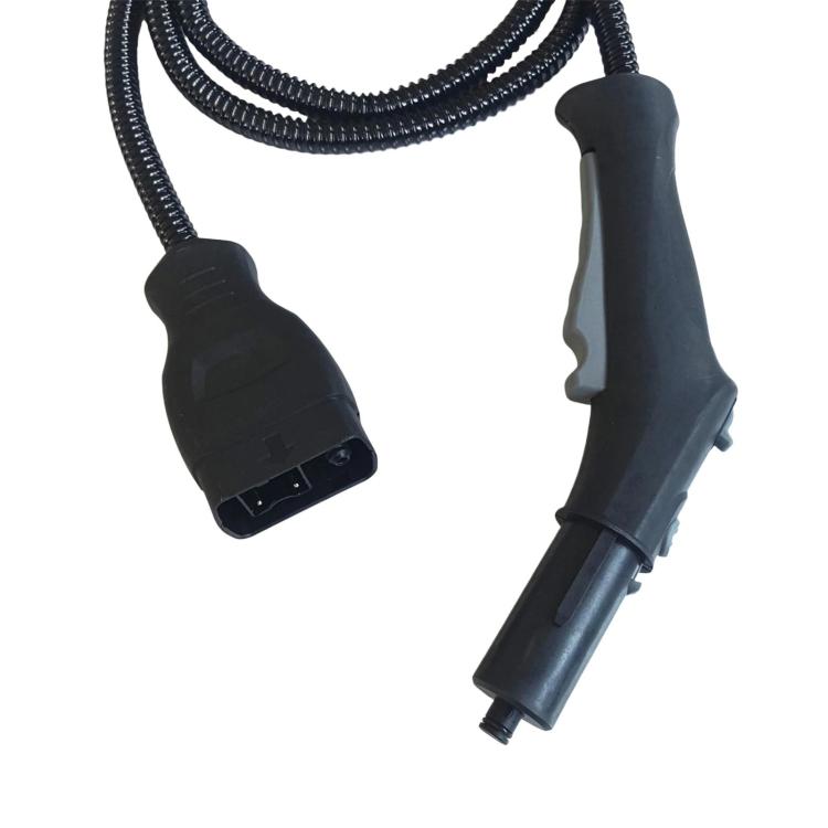 Steam cleaner control handle hose with black nozzle ends and dark gray handle