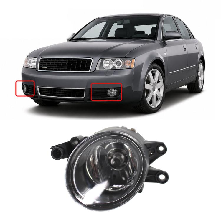 Fog light assembly with clear lens and black housing, shown near vehicle