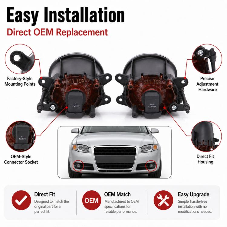 Pair of fog light assemblies with black housings and mounting hardware