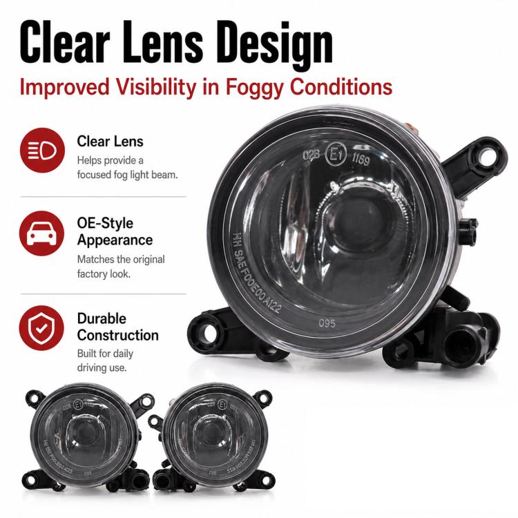 Round fog light assembly with clear lens and durable black housing