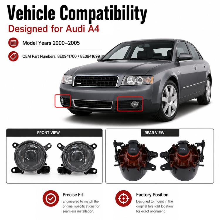 Fog light assembly set with fitment diagram and round clear-lens lamps