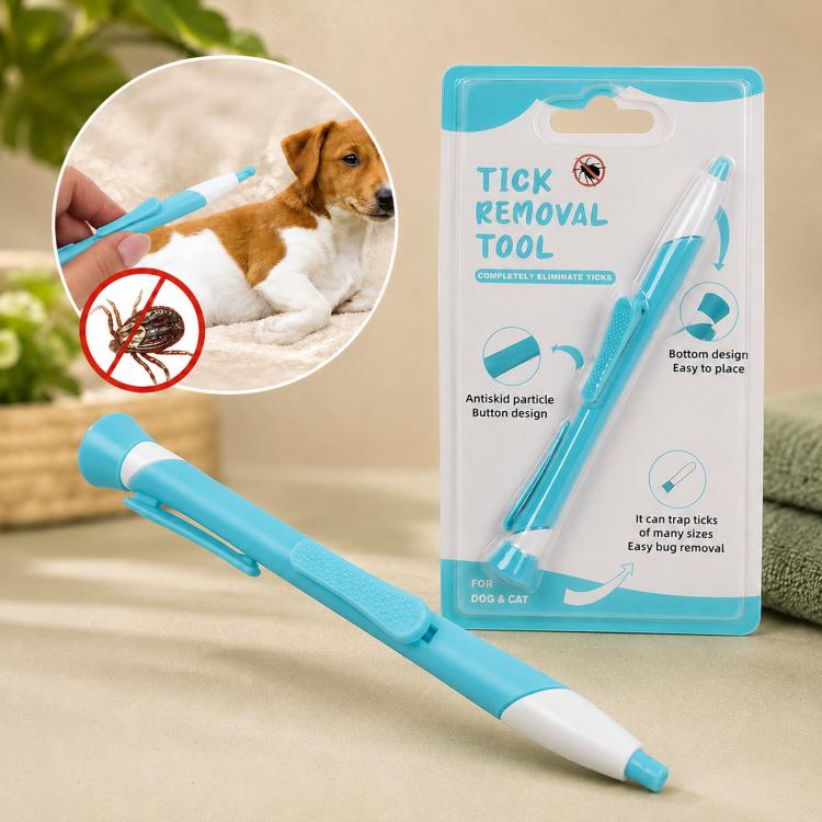 Retractable tick remover tool pen with standing base, light blue handle and loop tip