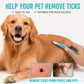 Retractable tick remover tool pen in light blue, held near a pet’s fur