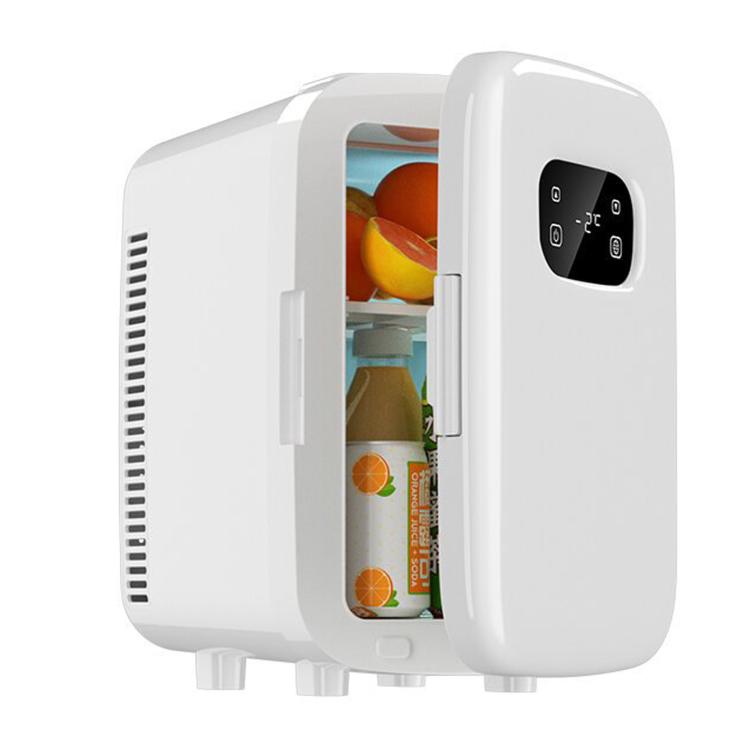 White mini refrigerator cooler box open, showing interior items on shelves