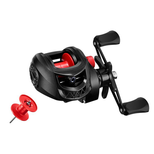 Baitcasting fishing reel with red plastic line spool, black reel body and star drag