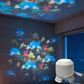White LED projector light with three-foot base and power button, metal keyring attached