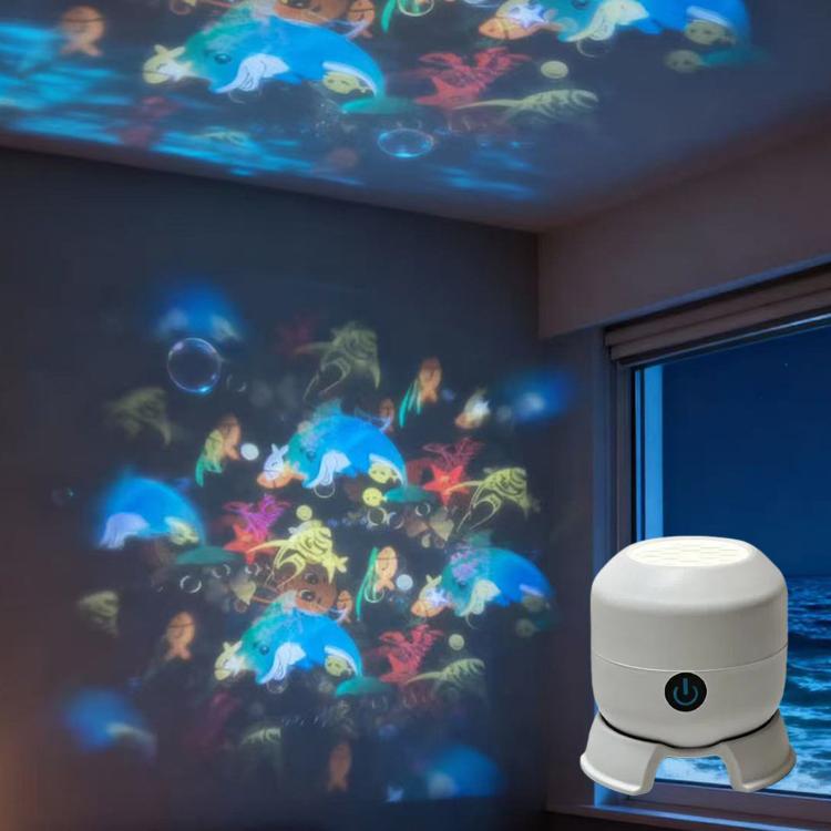 White LED projector light with dome head and three-foot base, power button visible