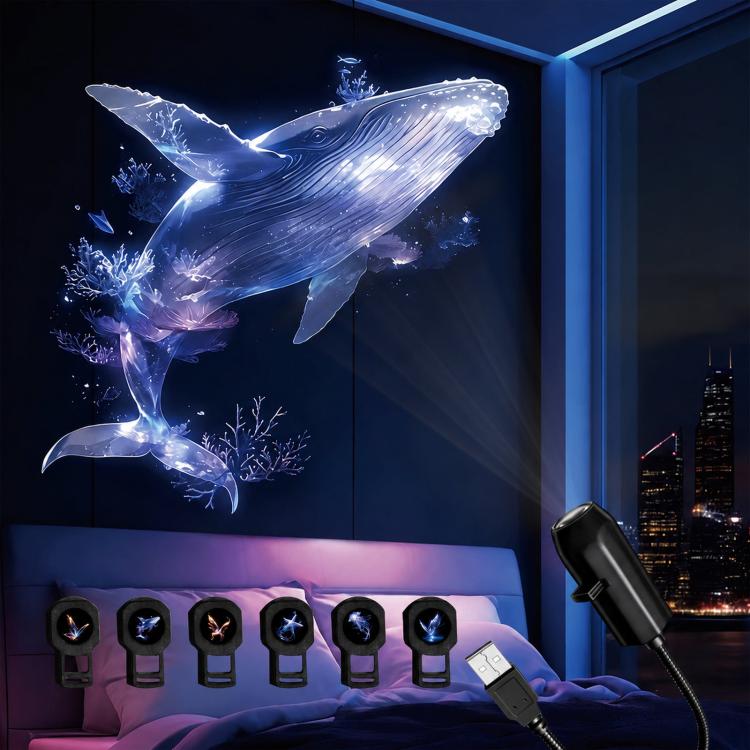 Whale-themed USB LED projector light set, projecting a whale scene on a wall