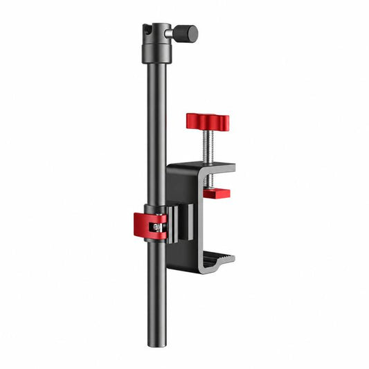Adjustable black rod holder clamp with red locking knobs and mounting screw
