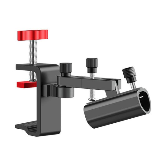 Dual fishing rod holder with long black tube, multiple black knobs, and red screw