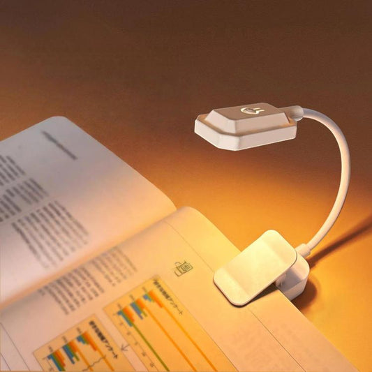 White clip-on LED reading lamp with curved neck and rectangular light head